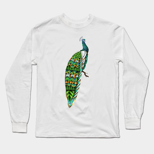 Ornate Peacock Long Sleeve T-Shirt by Psydrian